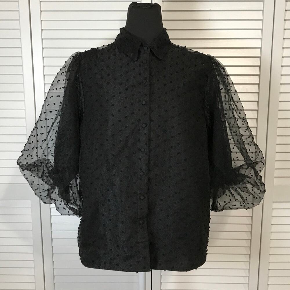 Love by Chesley Gothic Black Swiss Dot Collared Balloon ¾ Sleeves Blouse L